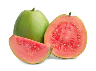 Fresh whole and cut guava fruits isolated on white