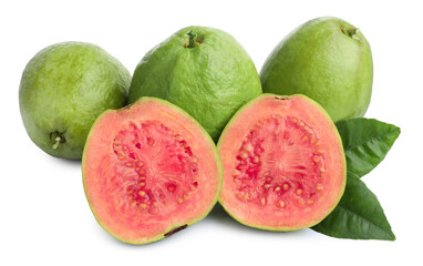 Fresh whole and cut guava fruits isolated on white