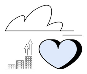 Cloud demonstrating connectivity, bar chart with upward arrows symbolizing progress, and a heart for well-being. Ideal for technology, business, sustainability, health, growth, analytics abstract