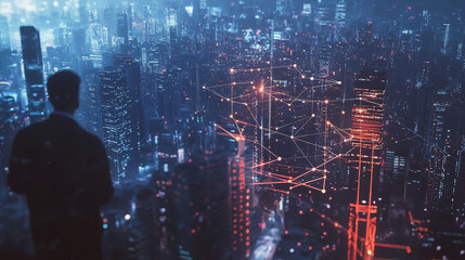 Fototapeta premium Abstract business man stands on Smart digital Innovation city with connection network reciprocity over the twilight cityscape. of future wireless digital city and social media networking systems