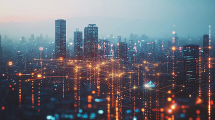 Obraz premium Abstract business man stands on Smart digital Innovation city with connection network reciprocity over the twilight cityscape. of future wireless digital city and social media networking systems
