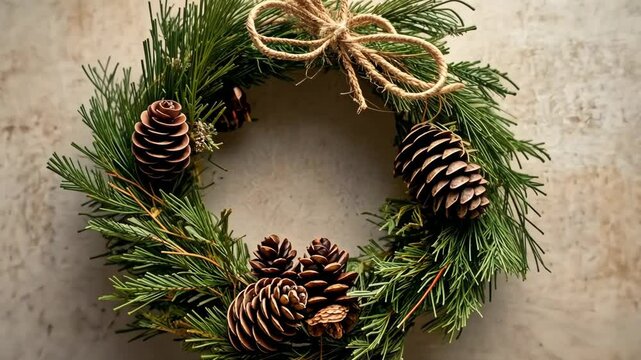 Rustic pinecone wreath closeup transition: warm seasonal decor on textured wall