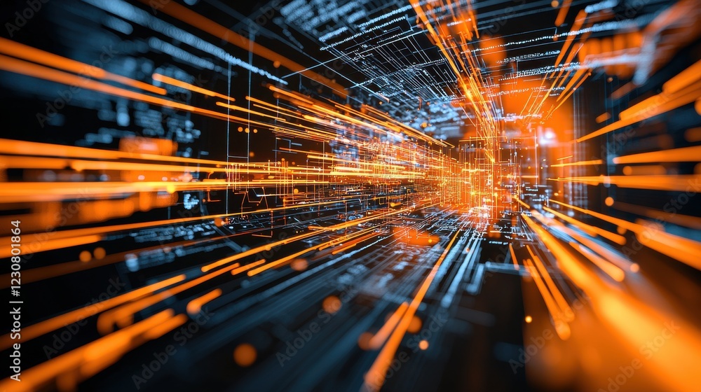 Aufkleber futuristic cyber network digital transformation visualization with glowing neon rays and bursting en