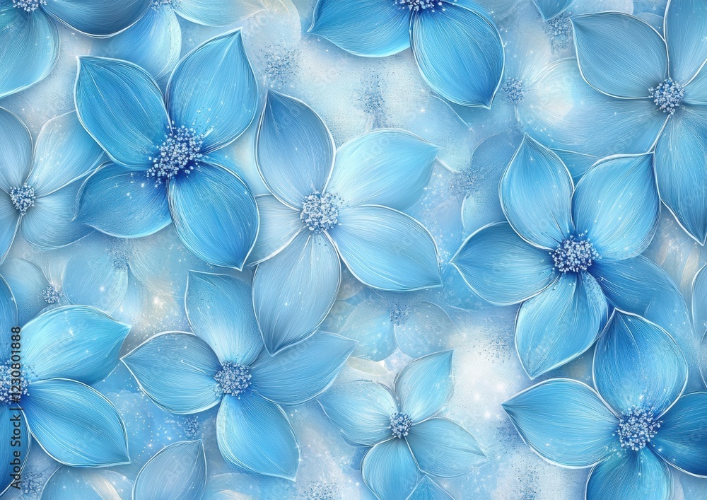 Poster a digital art background featuring an array of blue flowers and sparkles, creating a whimsical patte