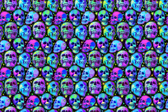 Seamless pattern of bright colorful painted skulls