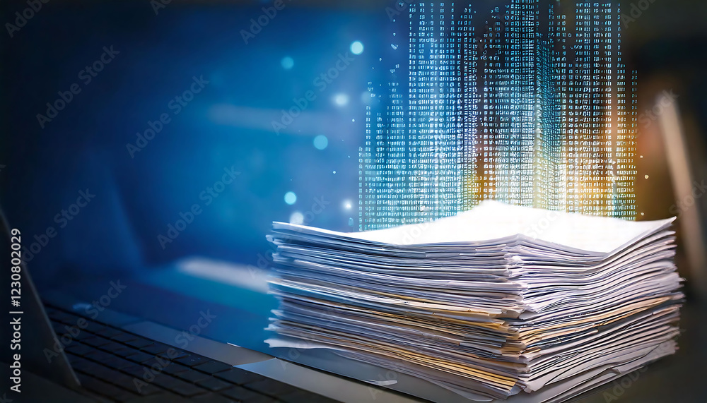 Poster high-stack of documents on laptop, digital data overlay. perfect for illustrating data management, a