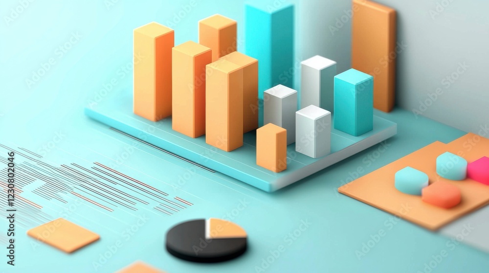 Poster colorful abstract 3d data visualization blocks and charts on blue background representing business a