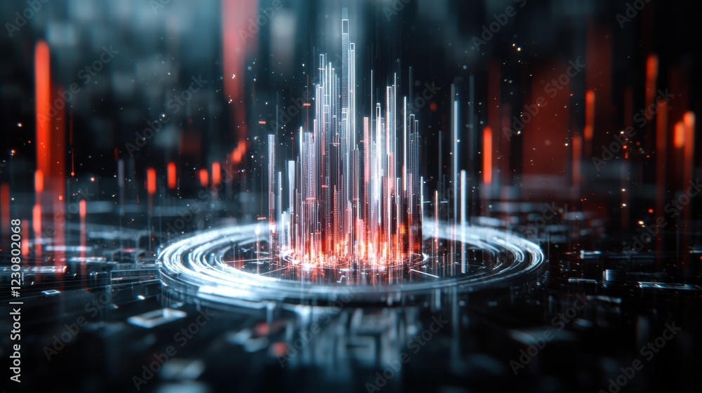 Poster futuristic cityscape with dynamic digital data visualization and glowing holographic lights