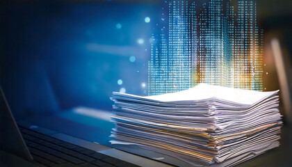 High-stack of documents on laptop, digital data overlay. Perfect for illustrating data management, archiving, or information overload concepts.