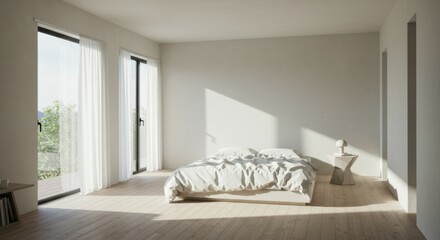 Contemporary bedroom with sunlight streaming through large windows