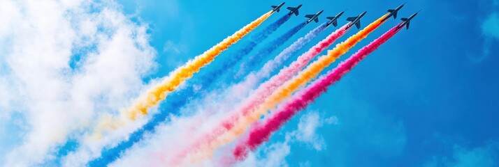 Airplanes perform stunning aerial maneuvers, creating vibrant smoke trails in a clear blue sky during a lively air show. Generative AI