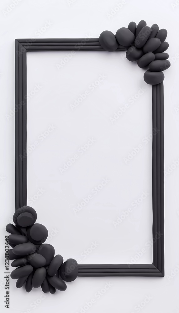 Poster a rectangular frame with an arrangement of smooth black stones in one corner is set against a white 