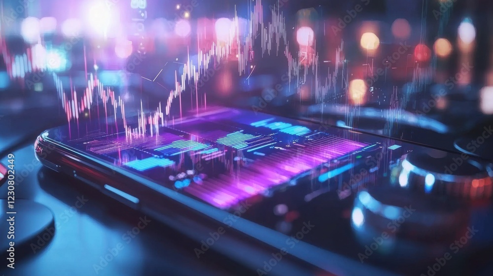 Aufkleber futuristic digital finance analytics dashboard with glowing neon lights and abstract bokeh backgroun