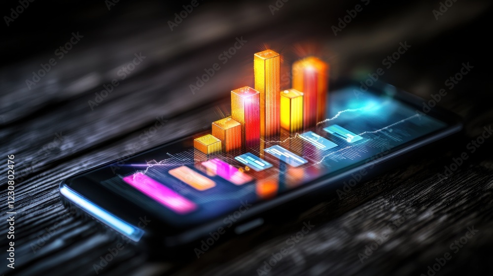 Poster vibrant digital data analytics dashboard on futuristic mobile device screen