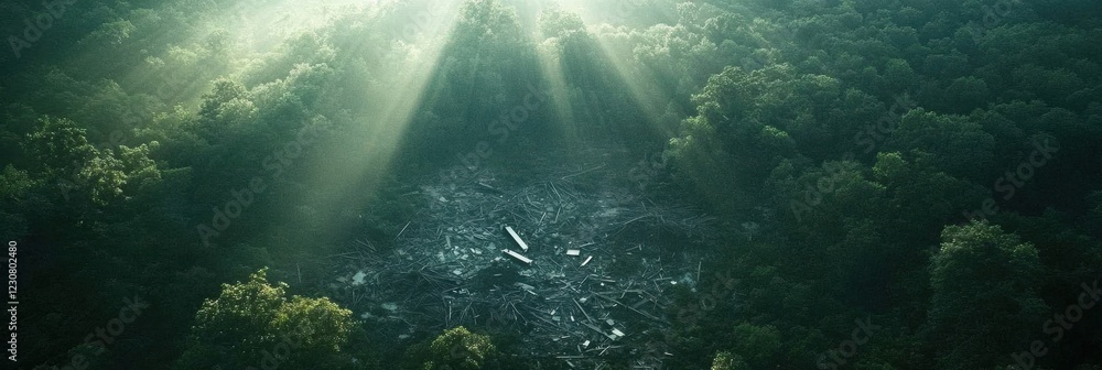 Poster aerial view of a dense forest revealing an aircraft debris clearing under soft sunlight. generative 