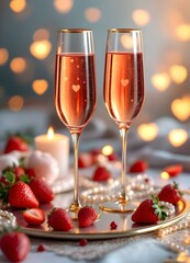 Pair of Tall Rosé Champagne Glasses Delicate Heart Engravings Fresh Strawberries Valentine's Day