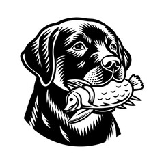 Cute DOG biting Duck, bird isolated silhouette in a white background  It's biting.