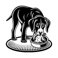 Cute DOG eating chicken isolated silhouette in white background 