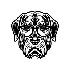 This cute DOG Head with sunglass is isolated on a white background and silhouette vector PNG