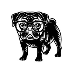 This cute DOG with sunglass Terrier puppy is a happy small domestic dog breed cute pug dog isolated on a white background. It has Solid silhouette PNG