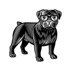 This cute DOG with sunglass Terrier puppy is a happy small domestic dog breed cute pug dog isolated on a white background. It has Solid silhouette PNG