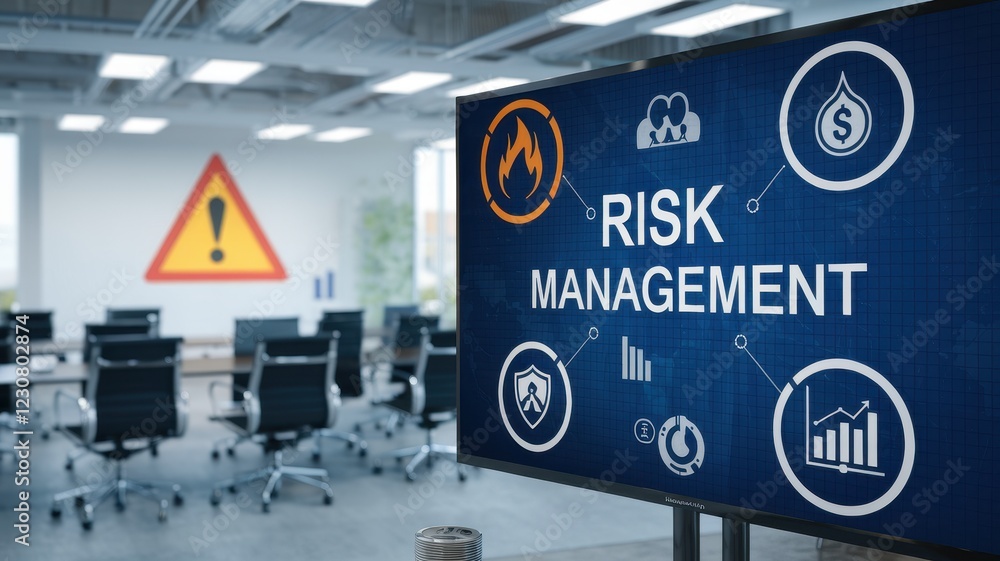 Poster risk management strategy displayed on a large screen in a modern office setting