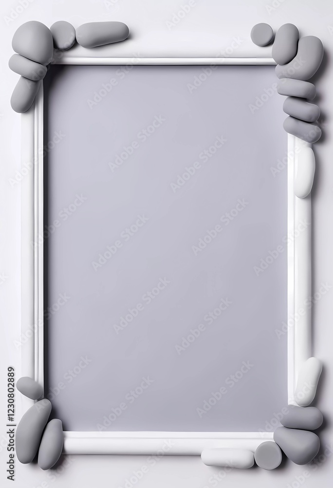 Poster a rectangular frame is nestled among gray stones, set against a soft white and gray backdrop, creati