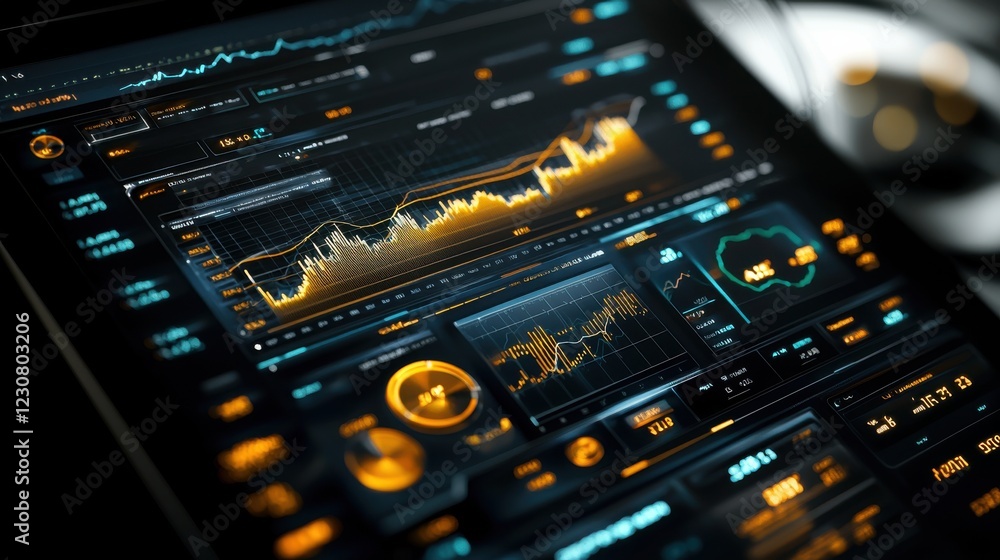 Poster complex data dashboard displaying financial analytics and market trends on digital screen