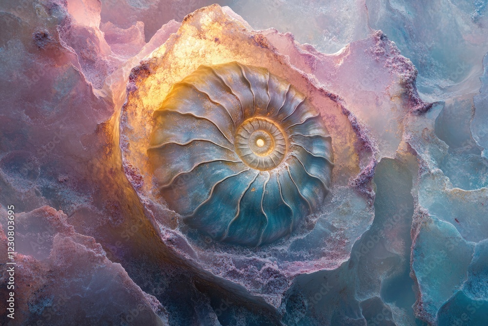 Poster a mesmerizing ammonite fossil embedded within a translucent, pastel-colored rock formation.
