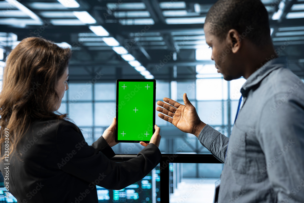 Poster team of engineers working in server farm, using chroma key tablet to analyze data. employees working