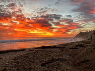 fiery sunset on beach