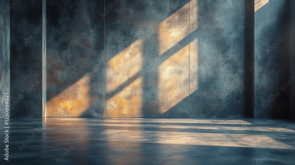Poster dimly lit interior space with textured walls and shadows from large windows creating ambiance
