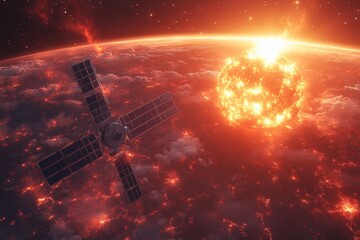 Satellite observes fiery explosion on planet surface outer space digital cosmic environment aerial view catastrophe