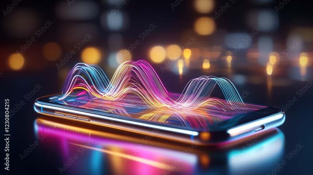 Poster abstract colorful wave pattern on digital smartphone screen with futuristic neon glow and glowing fl