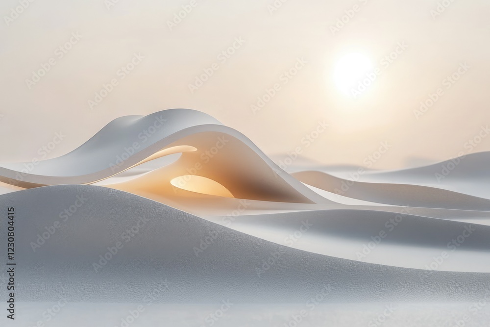 Poster abstract 3d render of flowing white shapes, illuminated from within, resembling dunes under a bright