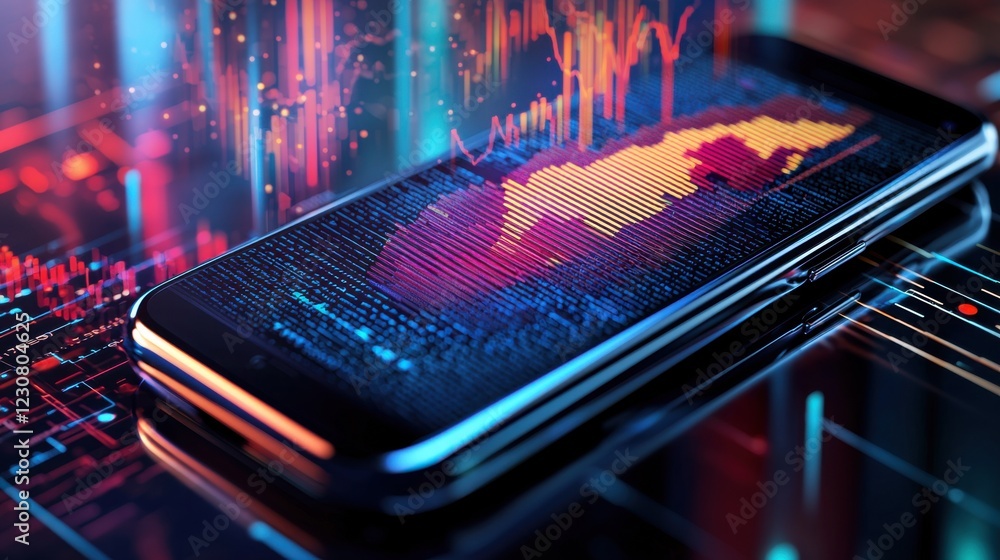 Poster futuristic market analytics on smartphone device with colorful data visualization