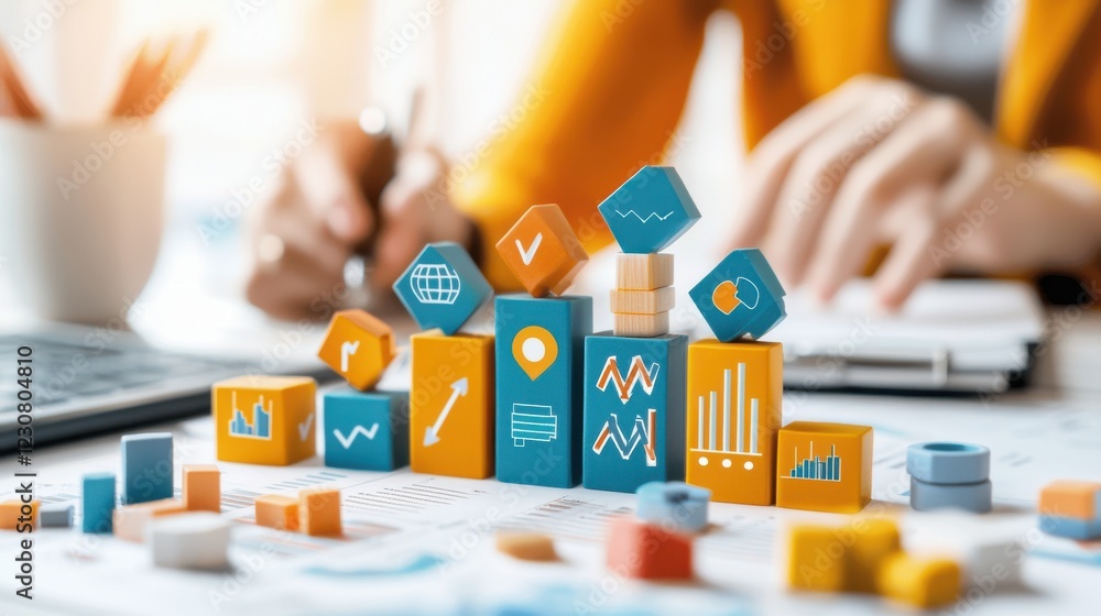 Poster analyzing financial data with business analytics and infographic tools