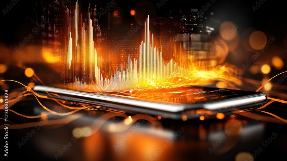 Poster futuristic data visualization with glowing digital rays and fractal geometric patterns
