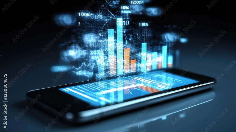 Poster futuristic digital mobile analytics dashboard with data visualization charts and graphs