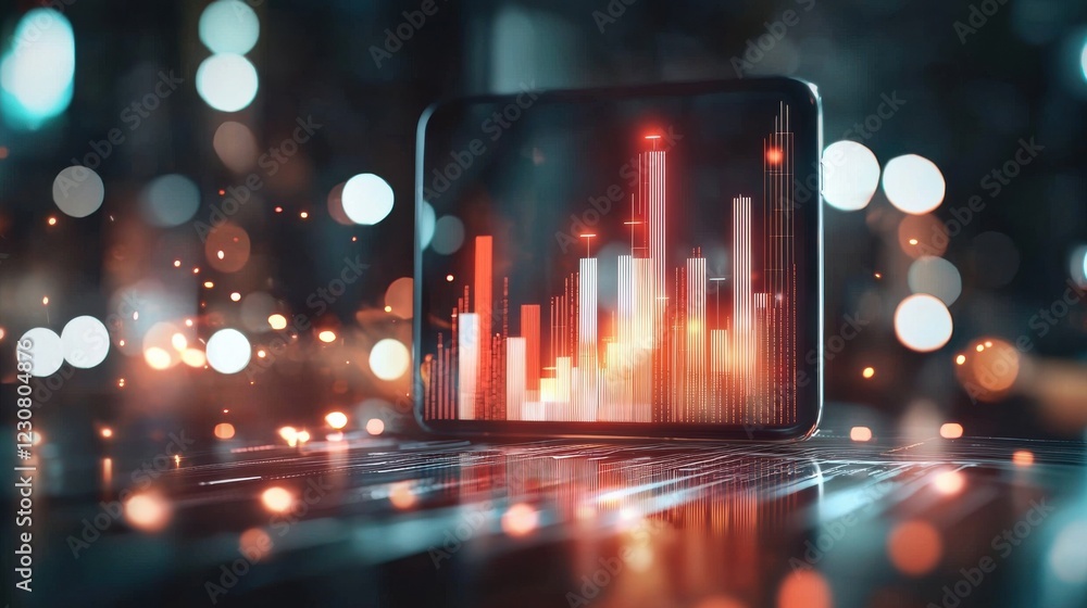 Poster futuristic digital financial data visualization on smartphone screen with abstract colorful lighting