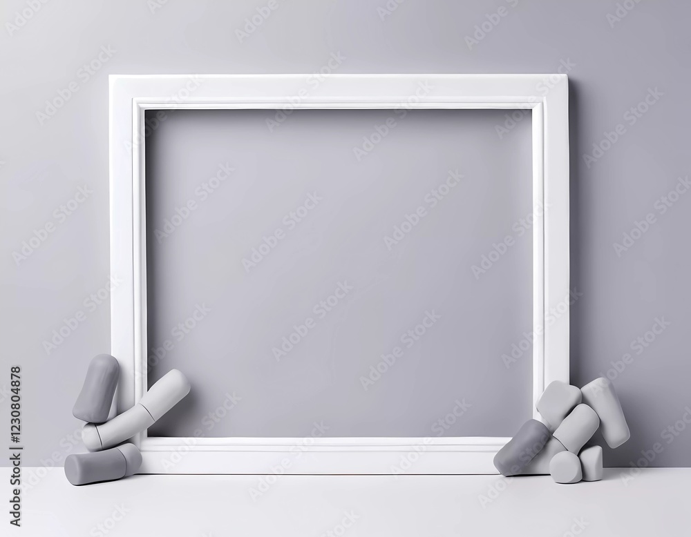 Aufkleber a rectangular frame stands empty against a white gray background, complemented by several gray shape