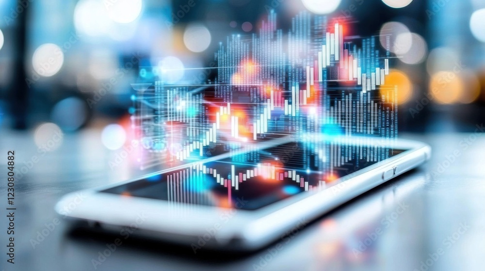 Poster digital smartphone screen displaying financial market data charts and graphs
