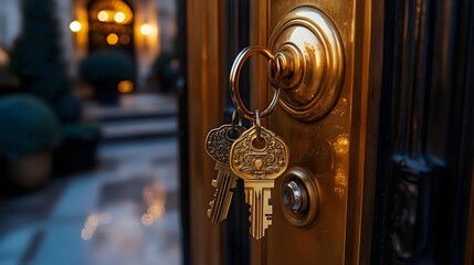A golden key is hanging from a door handle