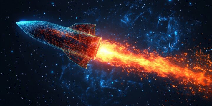 Rocket launch in space digital futuristic environment energetic viewpoint technology concept