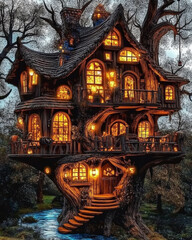 Mystical treehouse glowing warmly at twilight, surrounded by enchanting forest scenery
