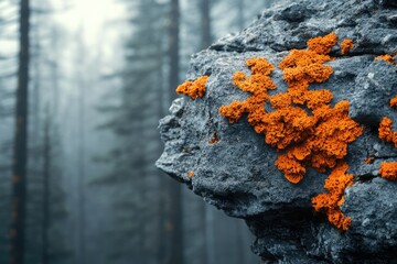 Fototapeta premium Vibrant orange lichen thrives on a grey rock against a blurred misty forest background.