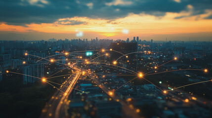 Fototapeta premium Abstract business man stands on Smart digital Innovation city with connection network reciprocity over the twilight cityscape. of future wireless digital city and social media networking systems