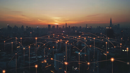 Abstract business man stands on Smart digital Innovation city with connection network reciprocity over the twilight cityscape. of future wireless digital city and social media networking systems
