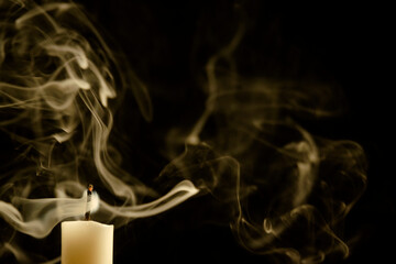 Candle smoke abstract texture and pattern background isolated black background.Copy space for text.Extinguished candle.For graphic design or banner background