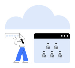 Person adding star ratings, cloud symbol in background, interface with user icons. Ideal for feedback systems, online reviews, customer service, digital platforms, networking, user experience